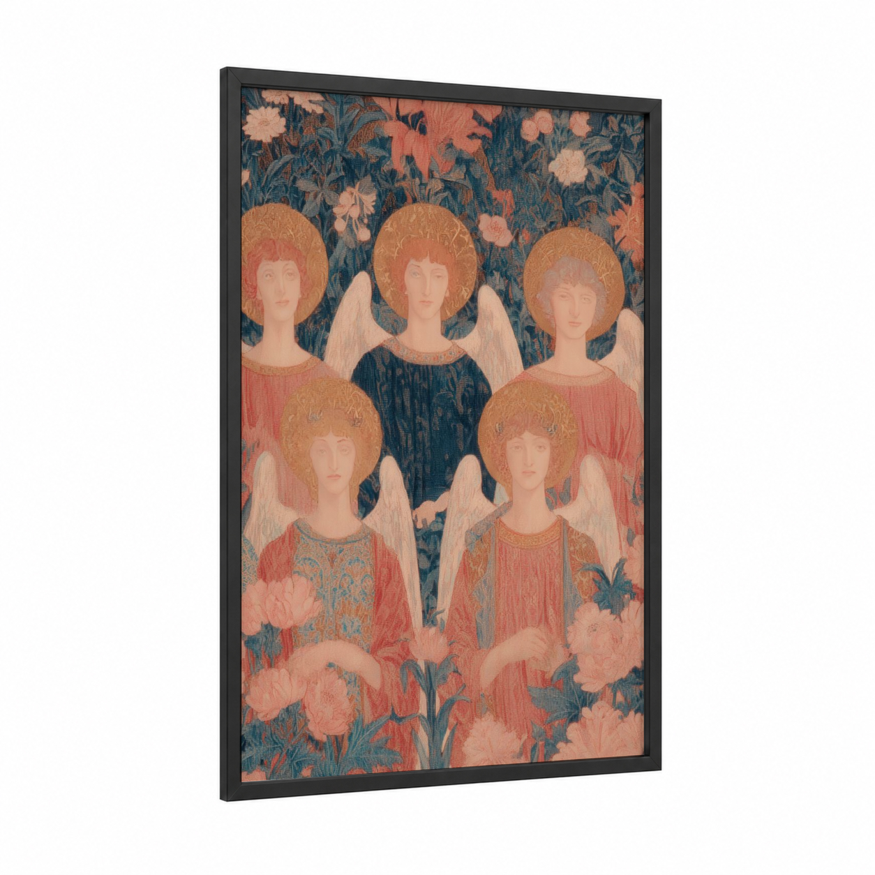 Celestial Angels framed all saints day print — black wood frame — peach and dove gray palette