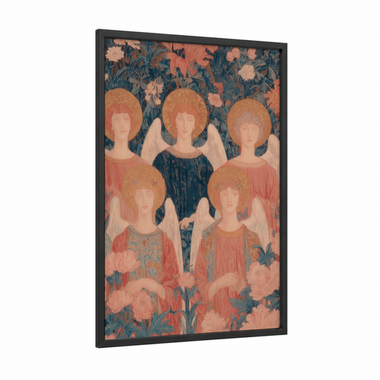 Celestial Angels framed all saints day print — black wood frame — peach and dove gray palette
