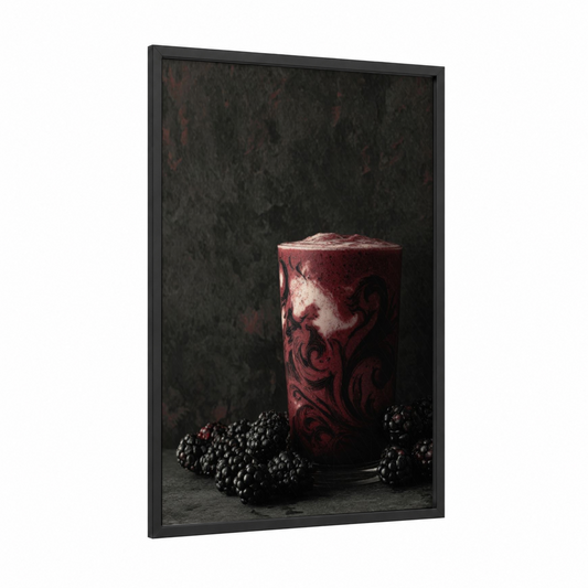 Berry Elegance Milkshake framed art print — black wood frame — maroon and black palette