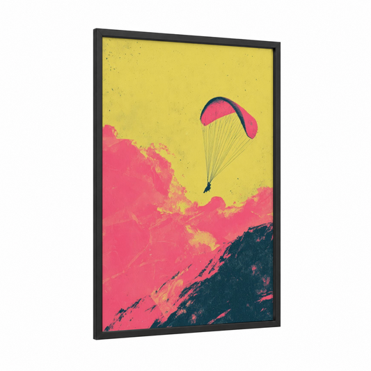 Alpine Paraglider framed paragliding print — black wood frame — yellow gold and magenta palette