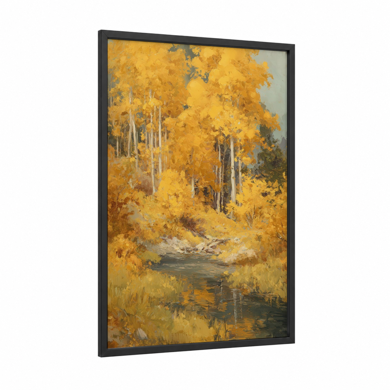 Golden Aspen Stream framed aspen forest print — black wood frame — gold and yellow gold palette