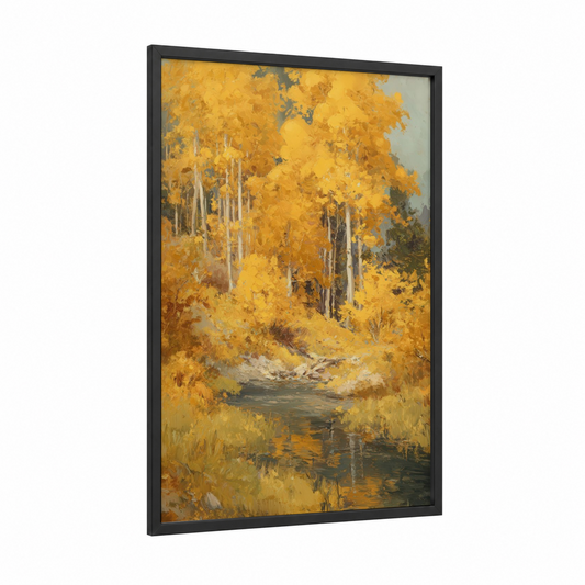 Golden Aspen Stream framed aspen forest print — black wood frame — gold and yellow gold palette