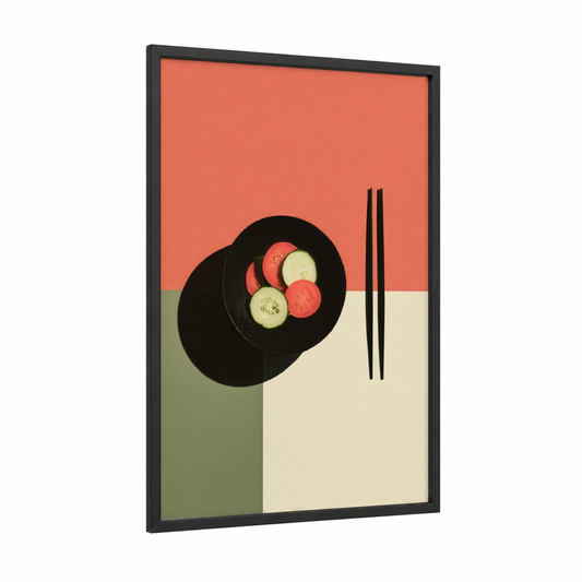 Asian Salad Bowl framed art print — black wood frame — orange and sage green palette