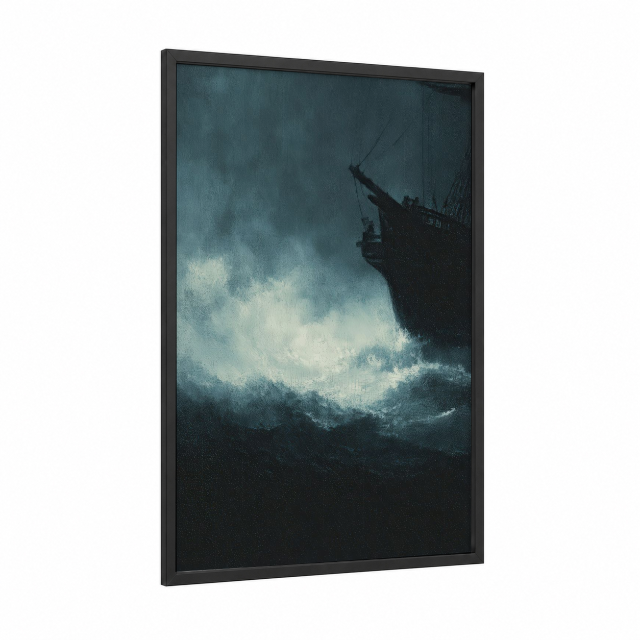 Stormy Shipwreck framed old ships print — black wood frame — dark blue and gray and white palette