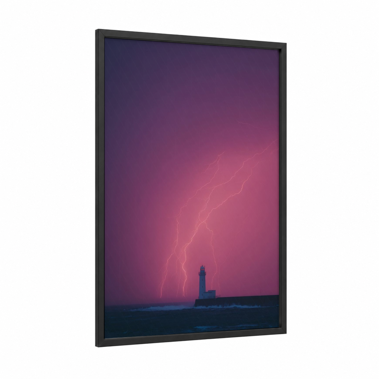 Tempest Lighthouse framed art print — black wood frame — magenta and purple palette