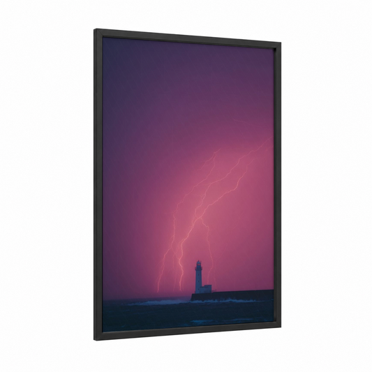 Tempest Lighthouse framed art print — black wood frame — magenta and purple palette