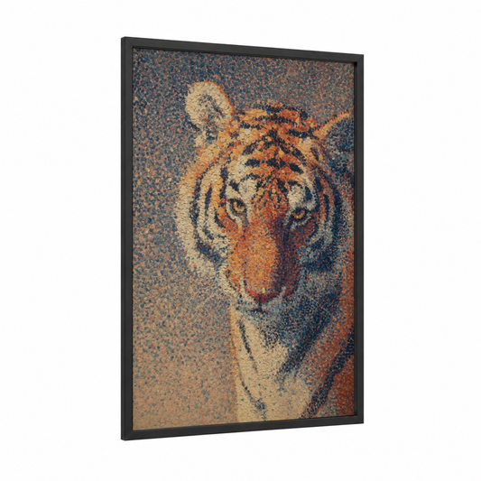 Golden Tiger Portrait framed art print — black wood frame — gold and teal palette