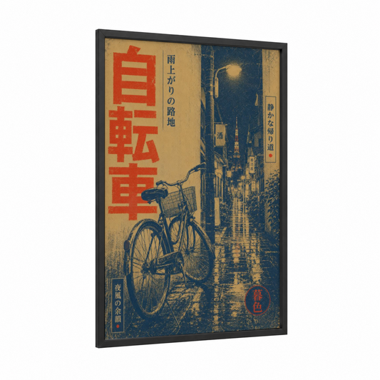 Rainy Tokyo Street Bicycle Wall Art framed art print — black wood frame — blue and gold palette