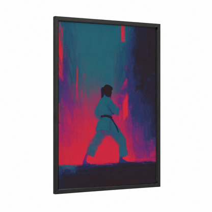 Neon Karate framed art print — black wood frame — magenta and teal palette