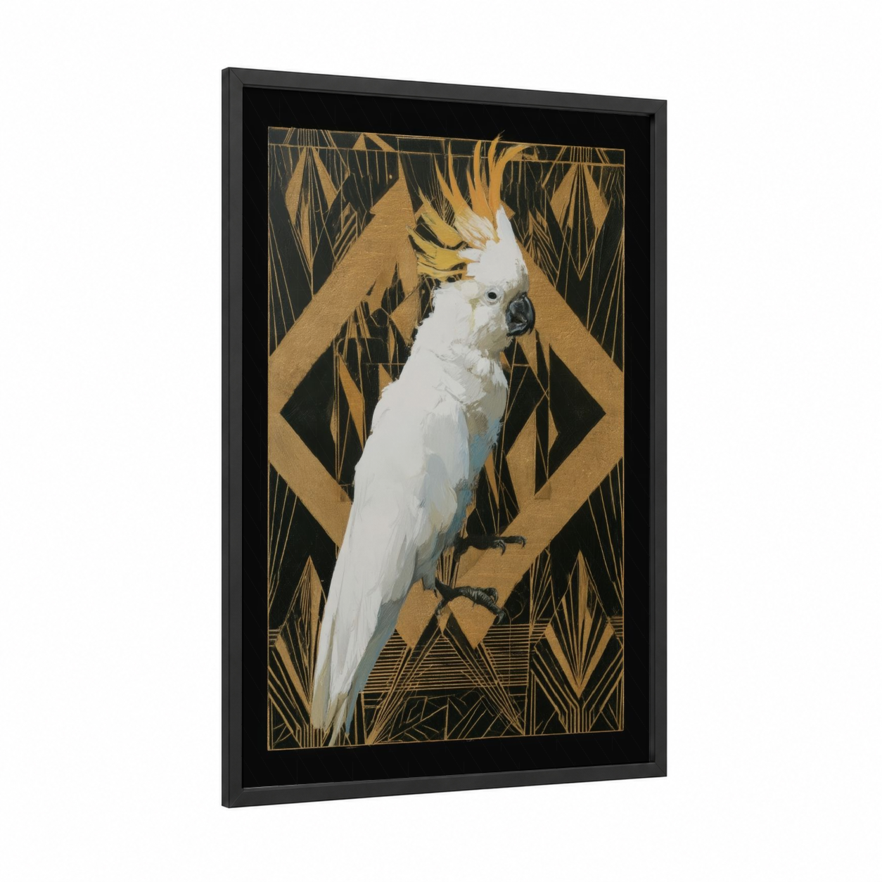Crested Cockatoo framed safari parrots print — black wood frame — gold and black and white palette