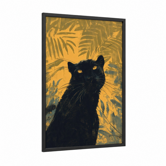Golden Panther framed art print — black wood frame — gold and black palette