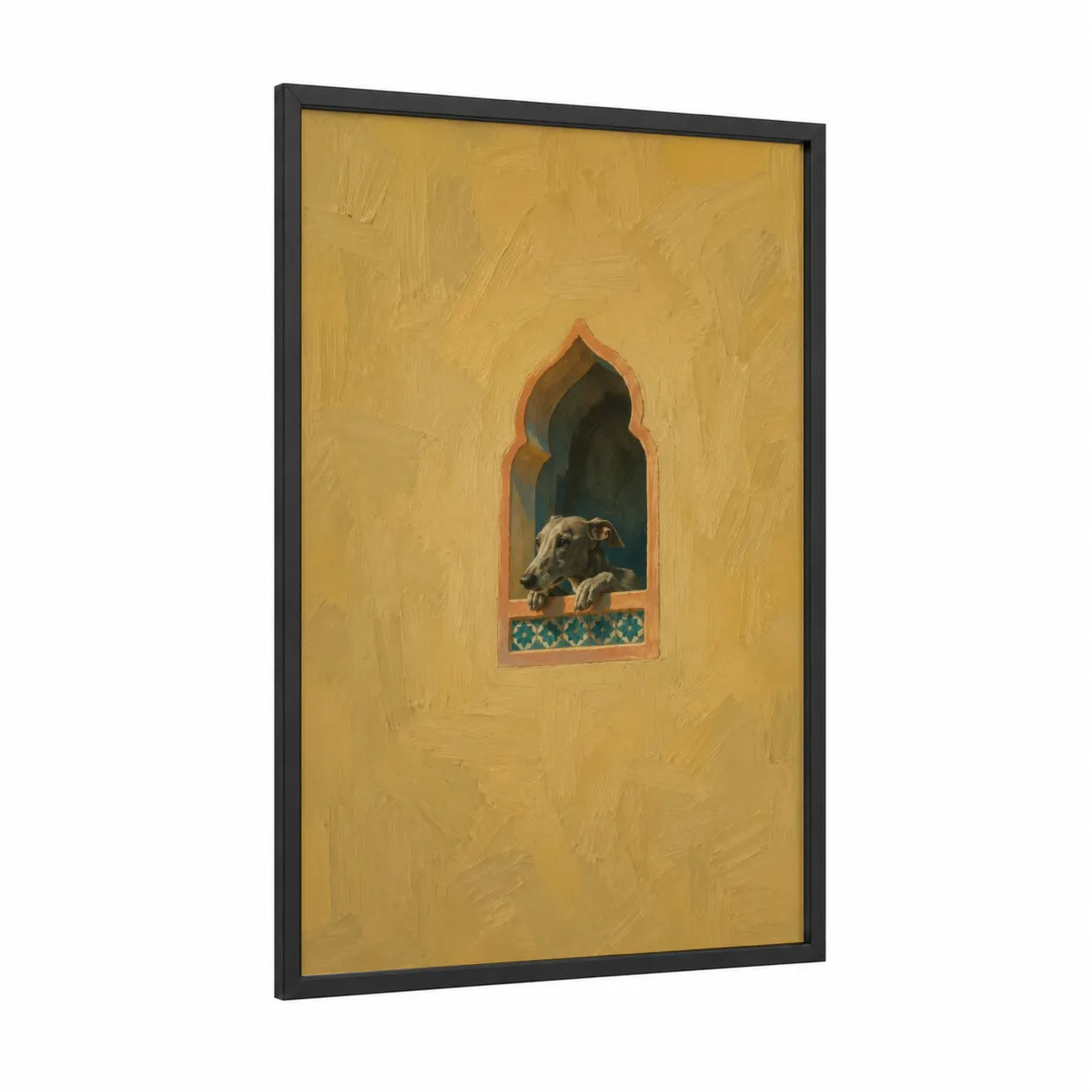 Dog In Moroccan Window Wall Art framed dogs print — black wood frame — yellow gold and beige palette