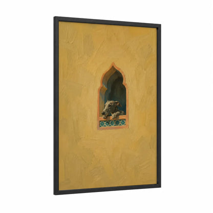 Dog In Moroccan Window Wall Art framed dogs print — black wood frame — yellow gold and beige palette