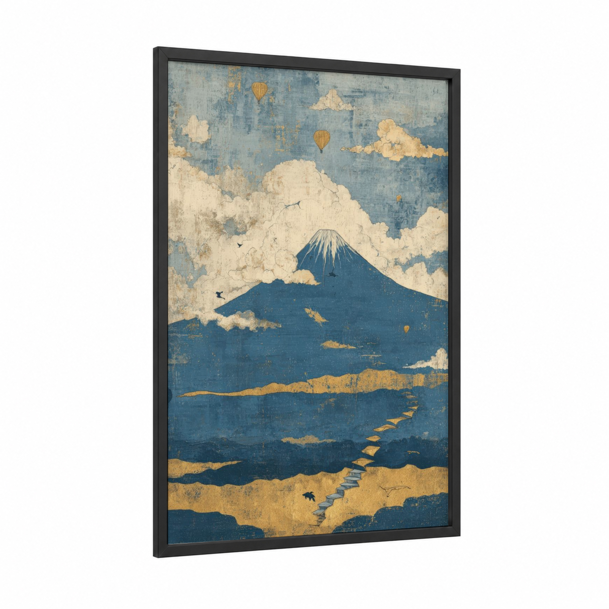 Golden Mount Fuji framed art print — black wood frame — blue and gold palette