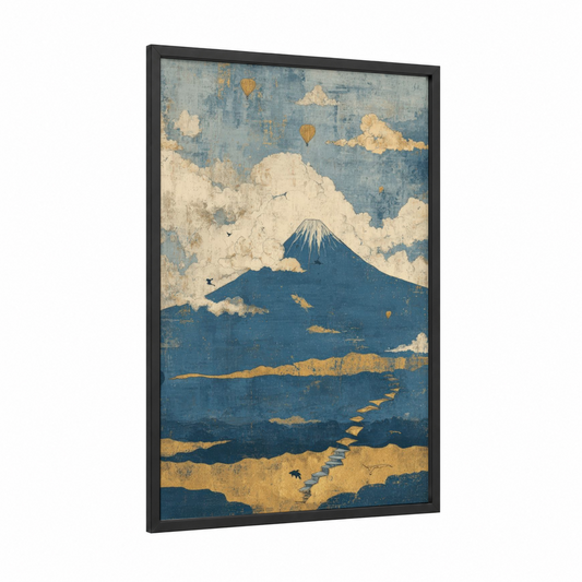 Golden Mount Fuji framed art print — black wood frame — blue and gold palette