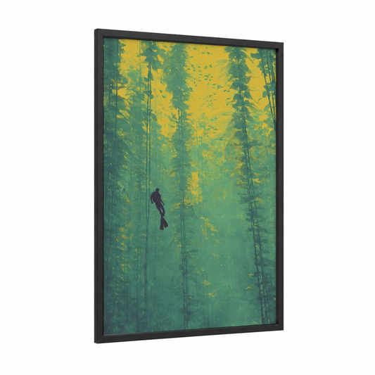 Underwater Descent framed diving print — black wood frame — green and yellow gold palette