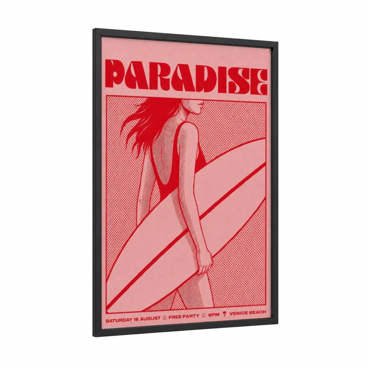 Vintage Surf Paradise Beach Wall Art framed surfing print — black wood frame — pink and red palette