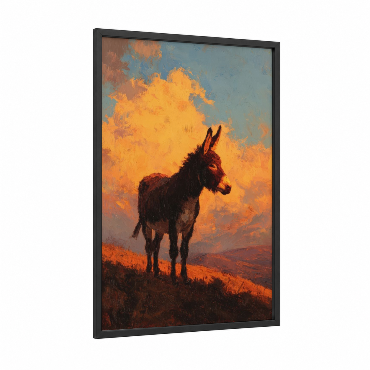 Golden Hour Mule framed art print — black wood frame — gold and orange palette