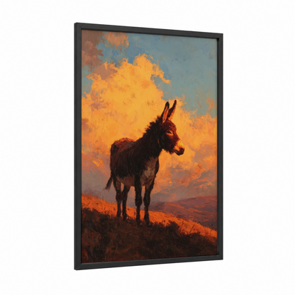 Golden Hour Mule framed art print — black wood frame — gold and orange palette
