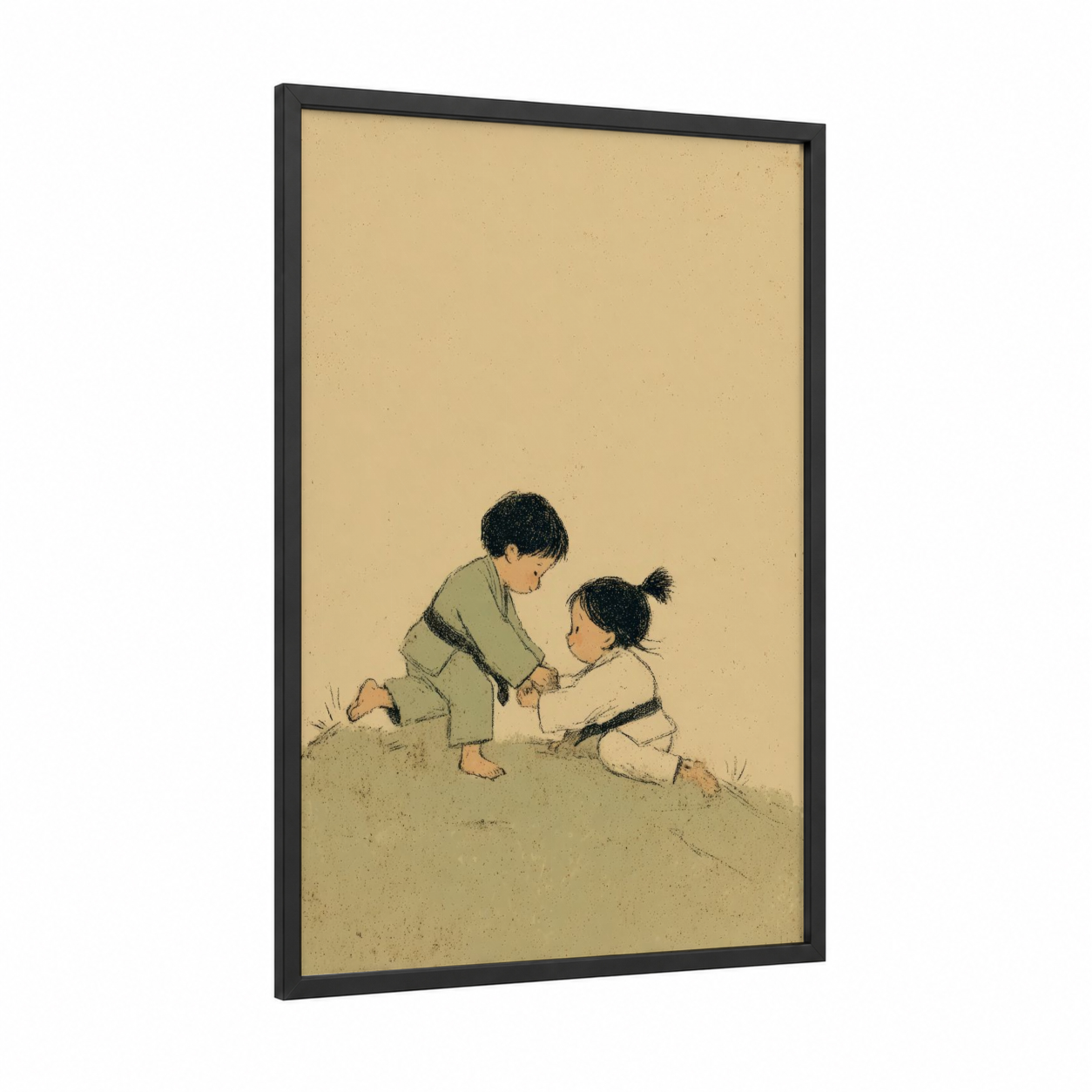 Young Judo Pair framed art print — black wood frame — beige and black palette