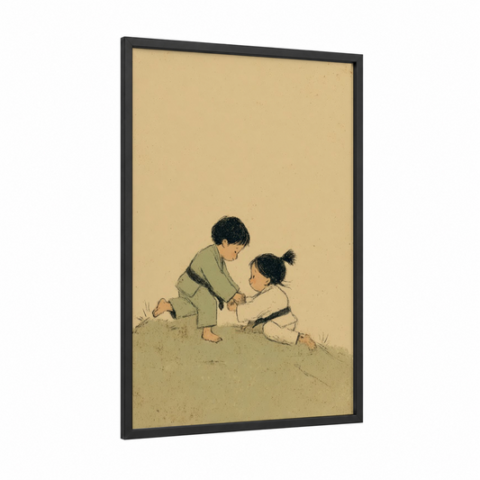 Young Judo Pair framed art print — black wood frame — beige and black palette