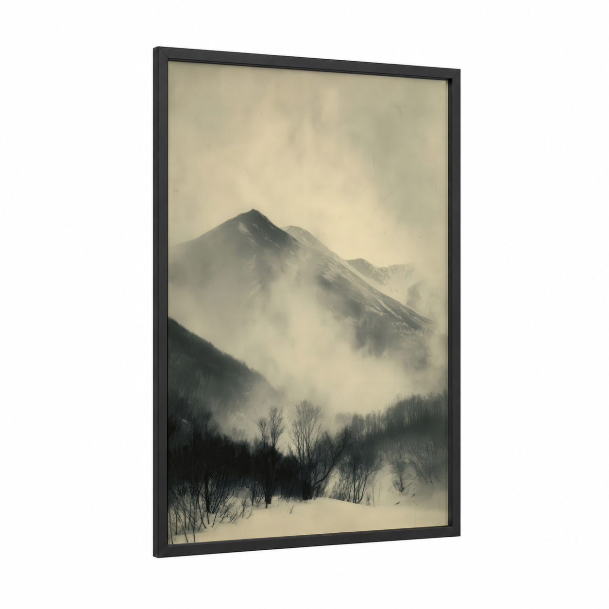 Misty Alpine Peak framed snowy mountains print — black wood frame — gray and white and dove gray palette