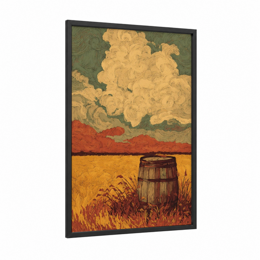 Golden Grain Whiskey framed art print — black wood frame — gold and russet palette