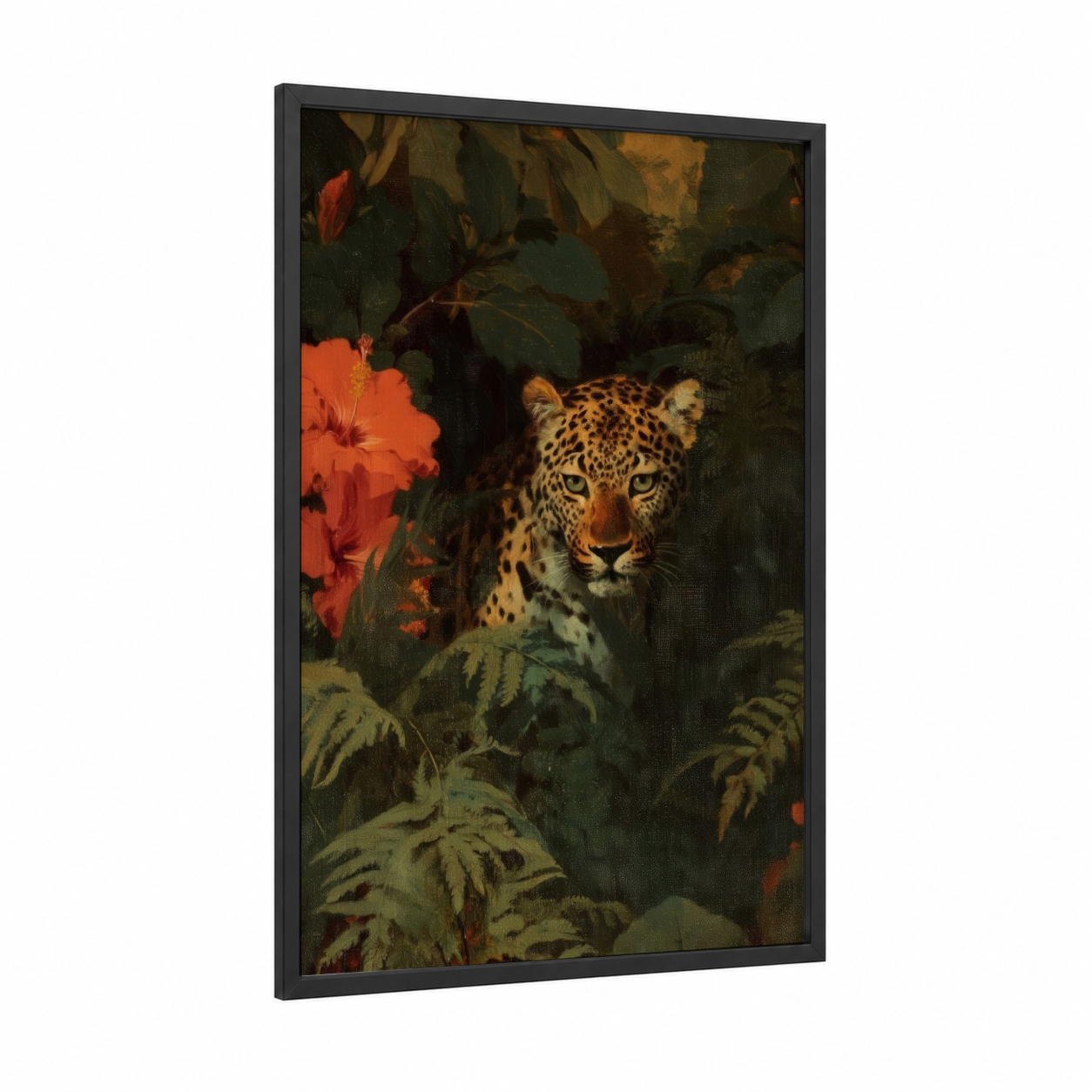 Jungle Leopard framed art print — black wood frame — orange and dark green palette