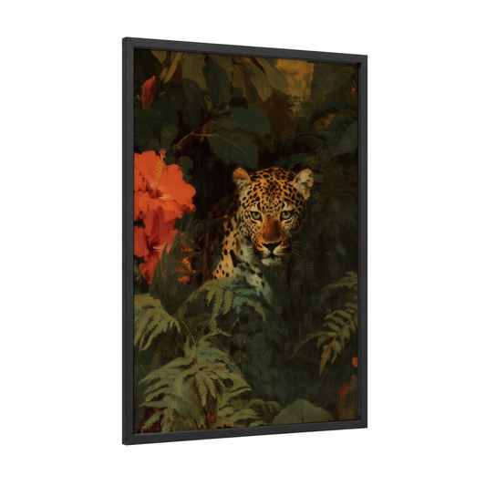 Jungle Leopard framed art print — black wood frame — orange and dark green palette