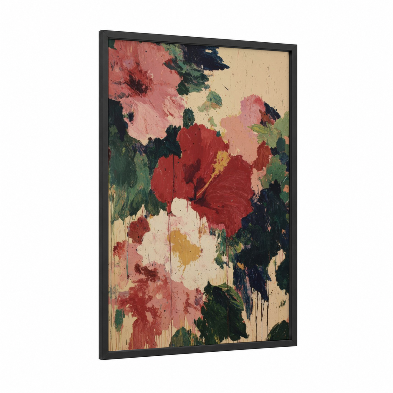 Crimson Hibiscus Bloom framed art print — black wood frame — red and dark green palette