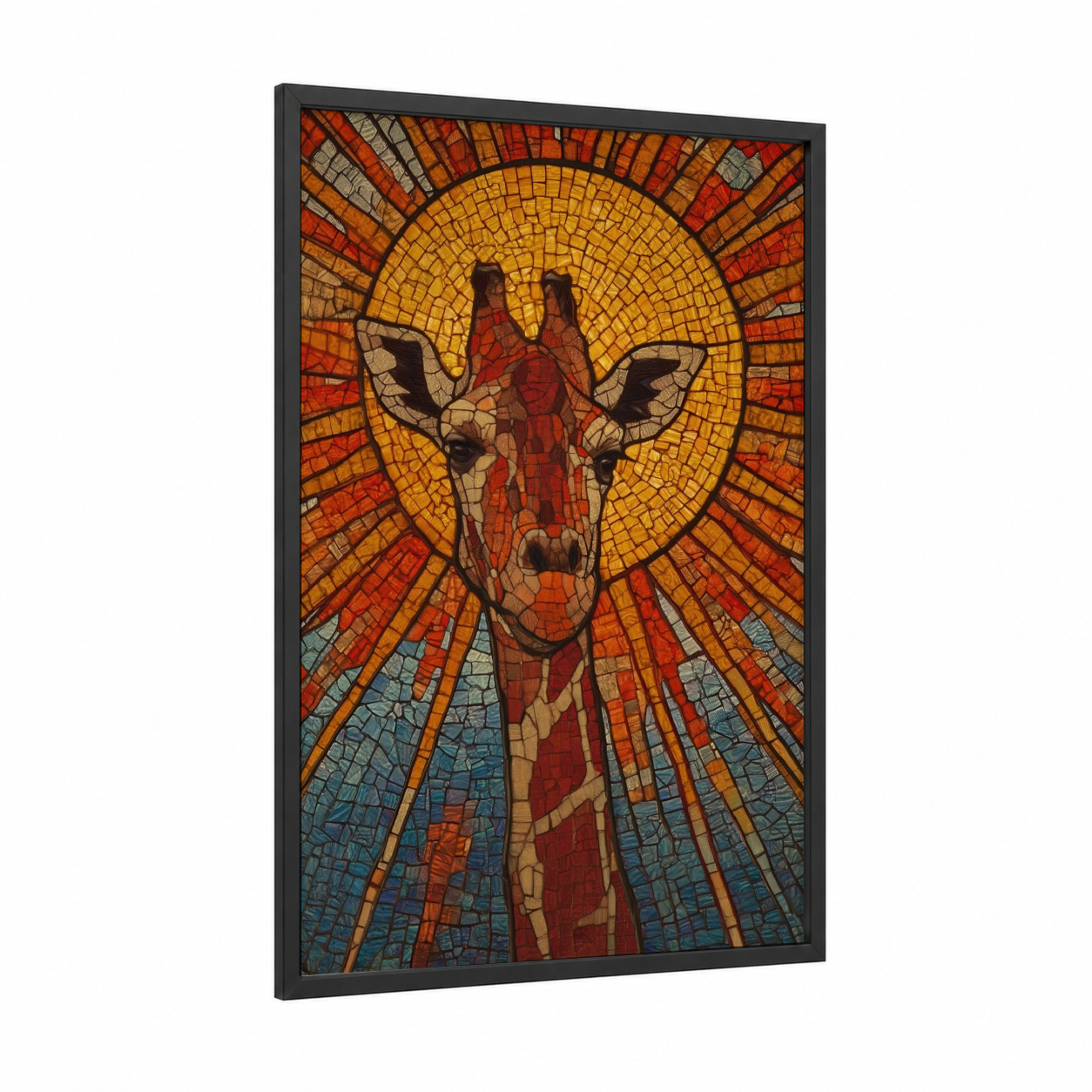 Sacred Giraffe framed art print — black wood frame — gold and red palette