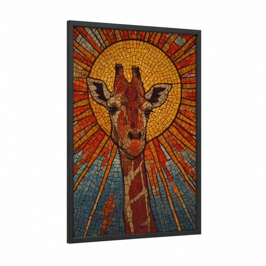 Sacred Giraffe framed art print — black wood frame — gold and red palette
