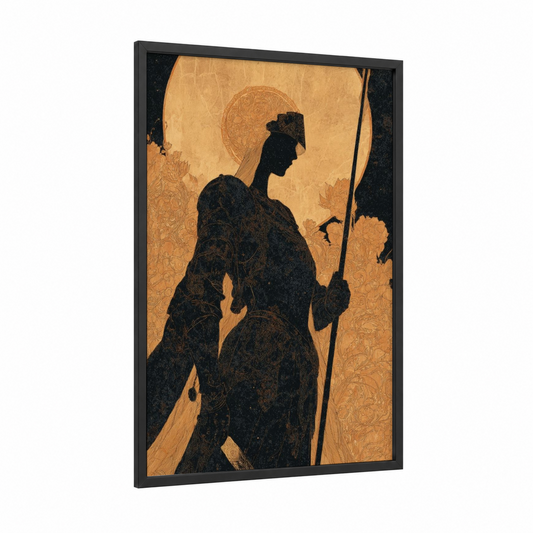 Armored Warrior Saint framed joan of arc print — black wood frame — gold and black palette