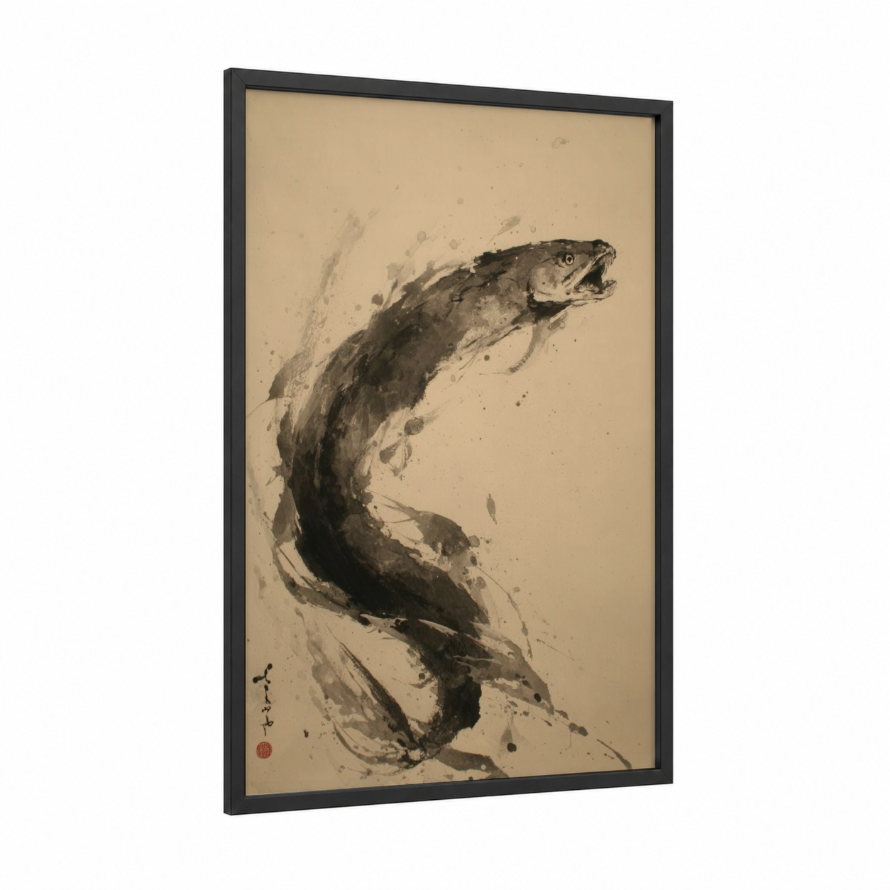 Leaping Eel framed eels print — black wood frame — black and white and beige palette