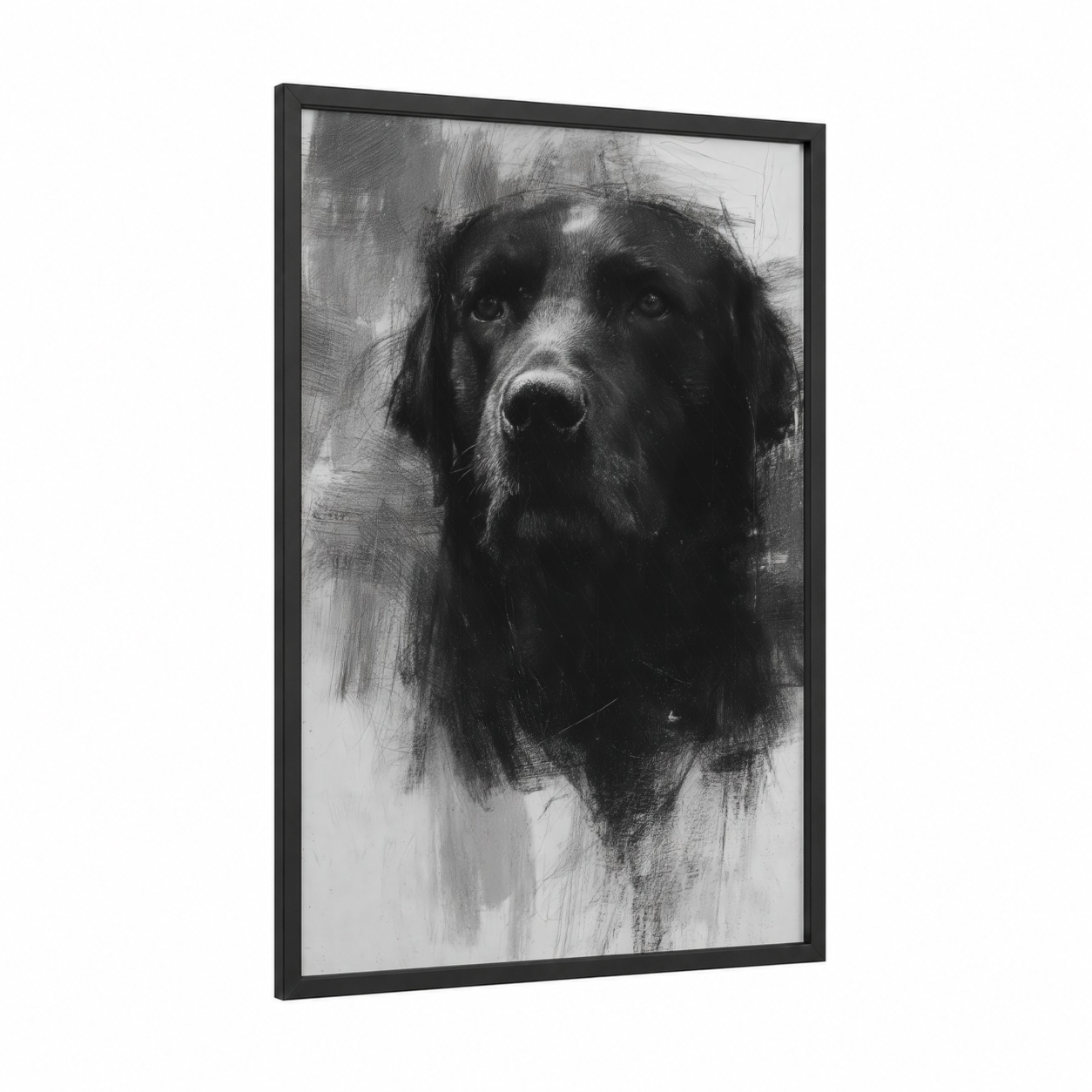 Contemplative Retriever framed art print — black wood frame — black and white palette