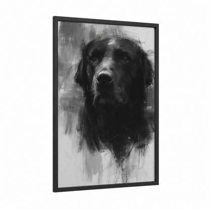 Contemplative Retriever framed art print — black wood frame — black and white palette
