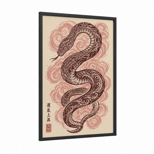 Japanese Serpent Woodblock Wall Art framed snake print — black wood frame — beige and maroon palette