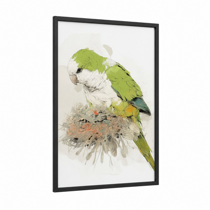 Green Parrot Portrait framed safari parrots print — black wood frame — light green and cream palette