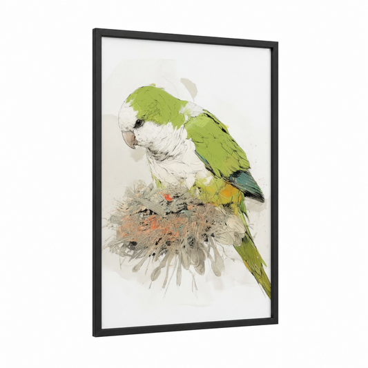 Green Parrot Portrait framed safari parrots print — black wood frame — light green and cream palette