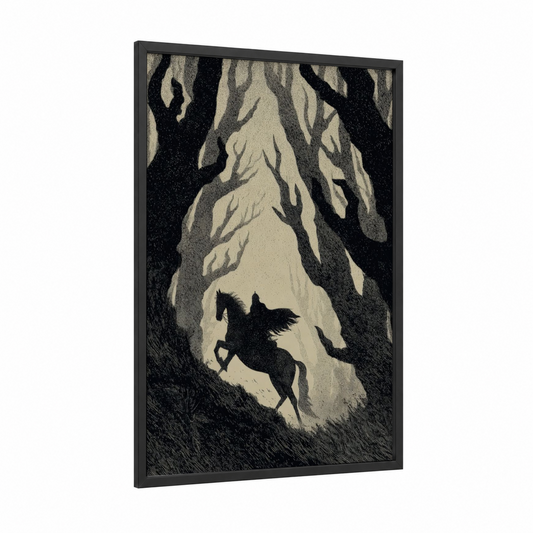 Shadowed Rider framed dark fantasy print — black wood frame — black and gray palette