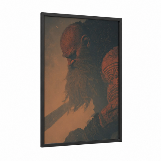 Bearded Dwarf Warrior framed dwarves print — black wood frame — russet and gold palette