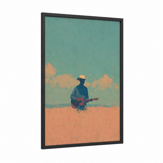 Solitary Guitarist framed musician print — black wood frame — teal and peach palette