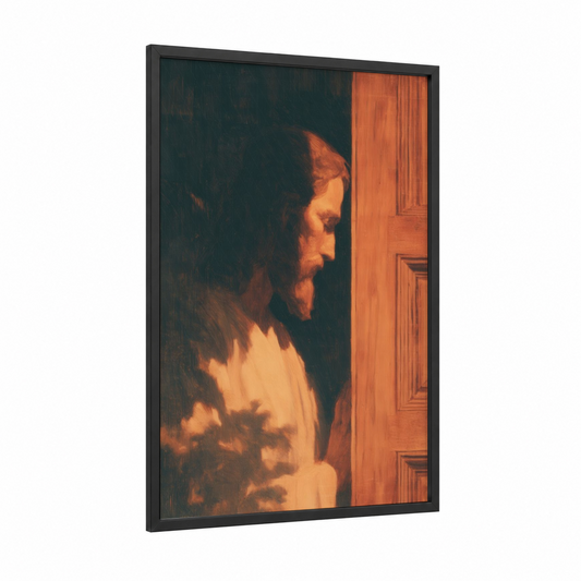 Golden Doorway framed jesus christ print — black wood frame — gold and black palette