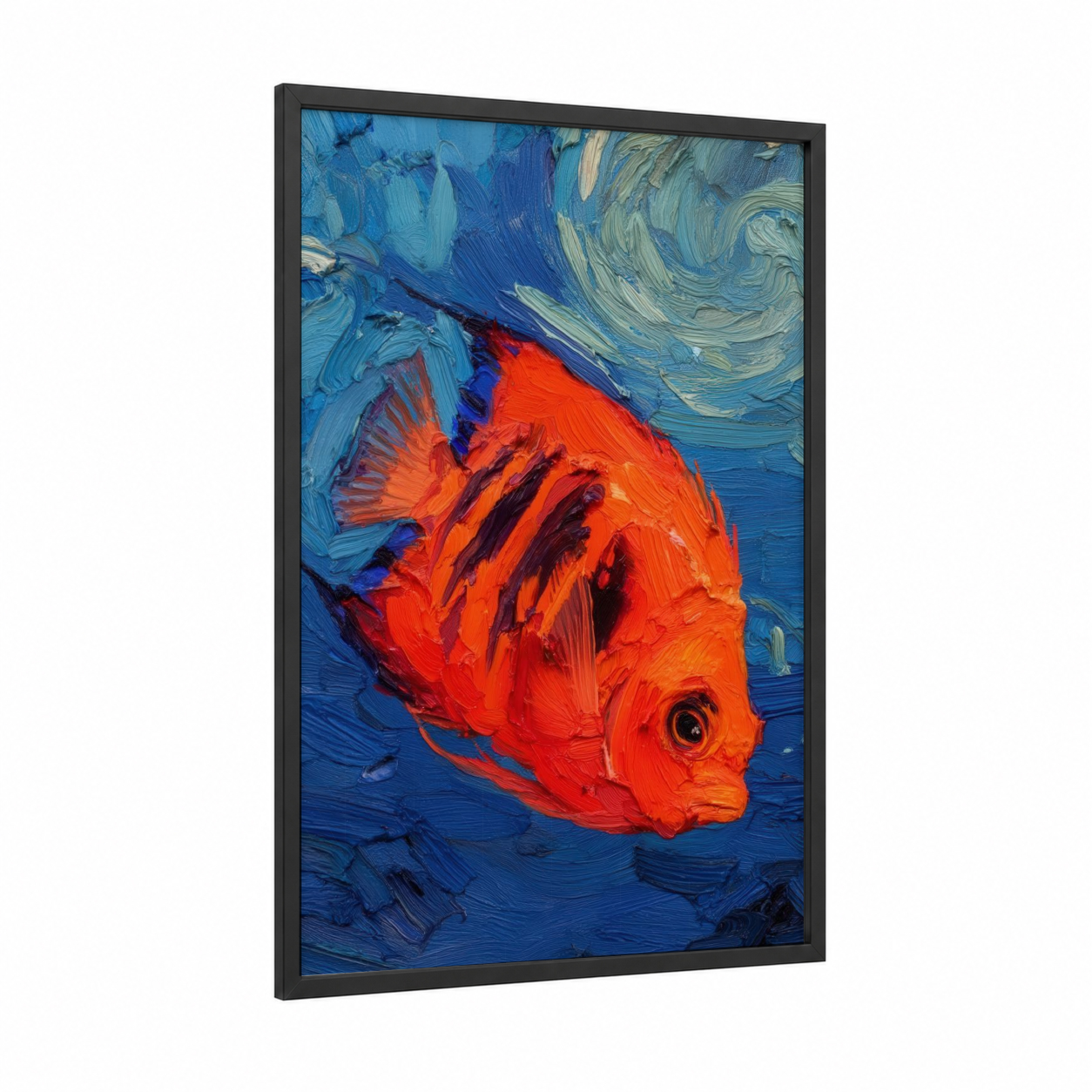 Crimson Angel Fish framed art print — black wood frame — blue and orange palette