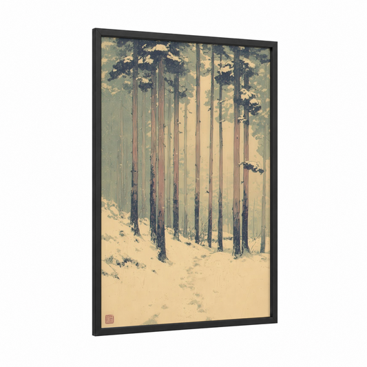 Snowy Pine Forest framed art print — black wood frame — cream and sage green palette