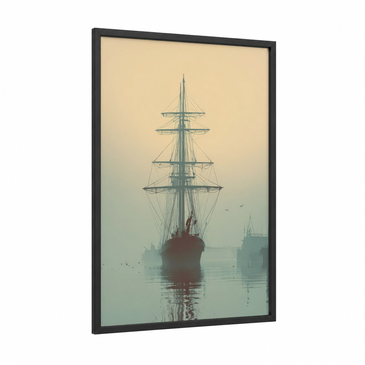 Misty Sailing Ship framed art print — black wood frame — cream and sage green palette
