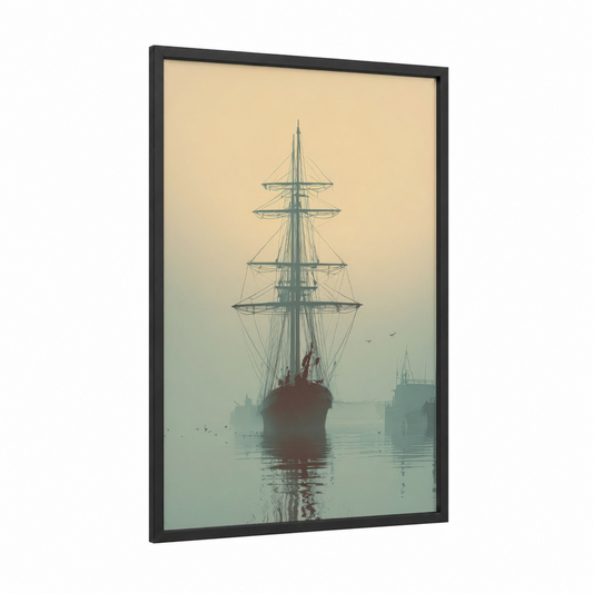 Misty Sailing Ship framed art print — black wood frame — cream and sage green palette
