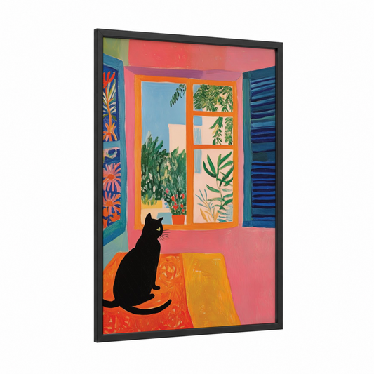Windowsill Cat framed art print — black wood frame — orange and pink palette