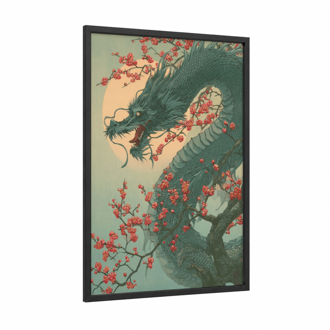 Dragon Blossoms framed art print — black wood frame — green and red palette