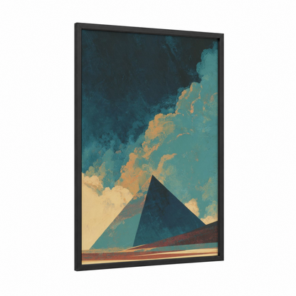 Desert Pyramid Reverie framed great pyramid of giza print — black wood frame — teal and gold palette